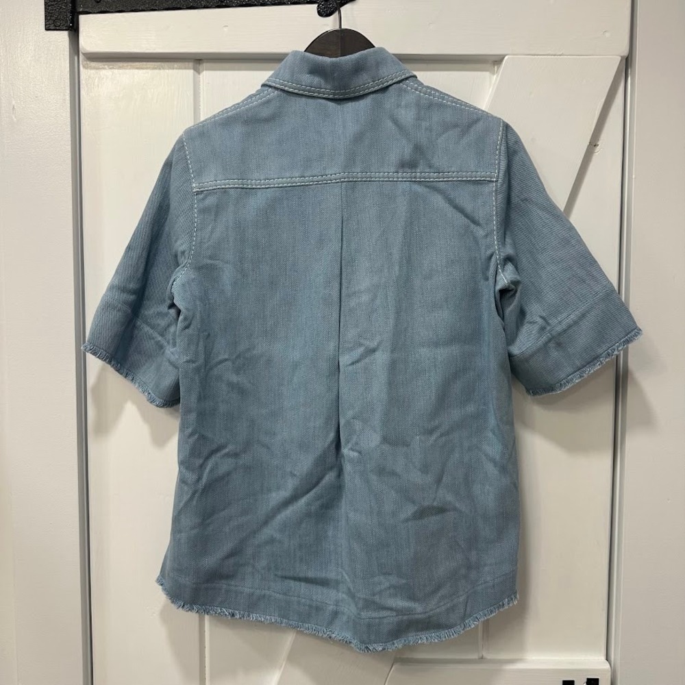Akris Punto Womens Top Size 4 Light Blue Bleached Denim Cotton Blouse Frayed NEW - Picture 6 of 12